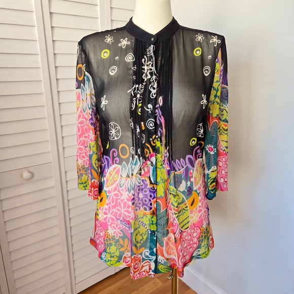 Soft Surroundings Black Sheer Floral Boho Tunic Blouse Sz L Colorful Artsy Chic - Picture 2 of 9